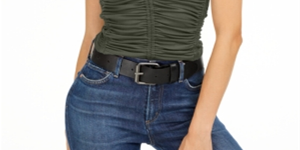 Camiseta feminina de malha franzida Bar III - Verde, tamanho P