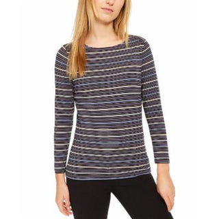Blusa feminina Anne Klein listrada azul com gola alta e manga comprida, tamanho extragrande