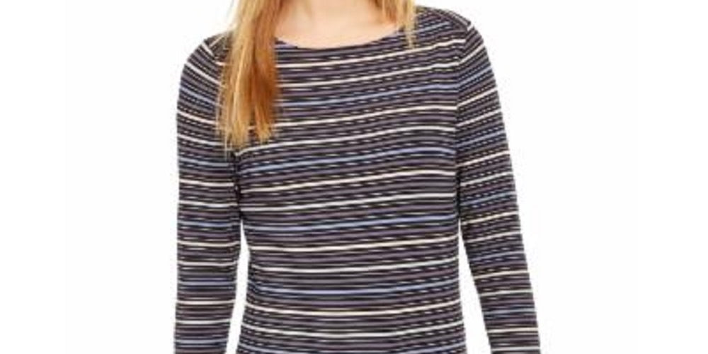 Blusa feminina Anne Klein listrada azul com gola alta e manga comprida, tamanho extragrande
