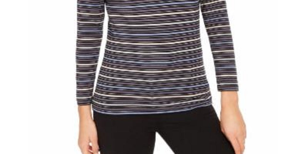 Blusa feminina Anne Klein listrada azul com gola alta e manga comprida, tamanho extragrande