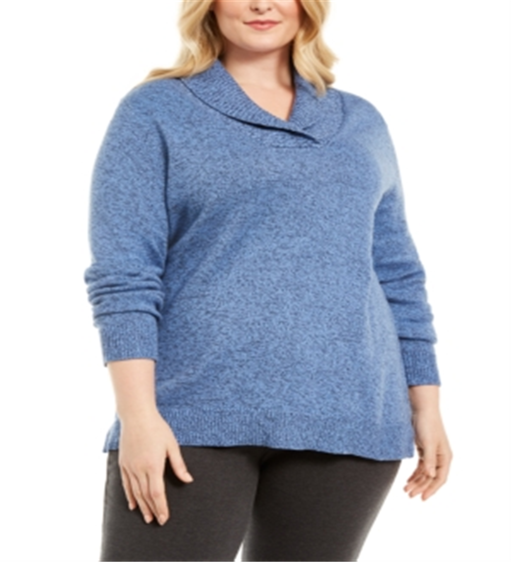 Karen Scott Suéter Feminino Plus de Algodão Marmorizado com Gola Xale Azul Tamanho 0X