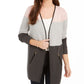 Cardigan feminino com estampa de bloco de cores e manga comprida aberta, camiseta cinza, tamanho pequeno e pequeno
