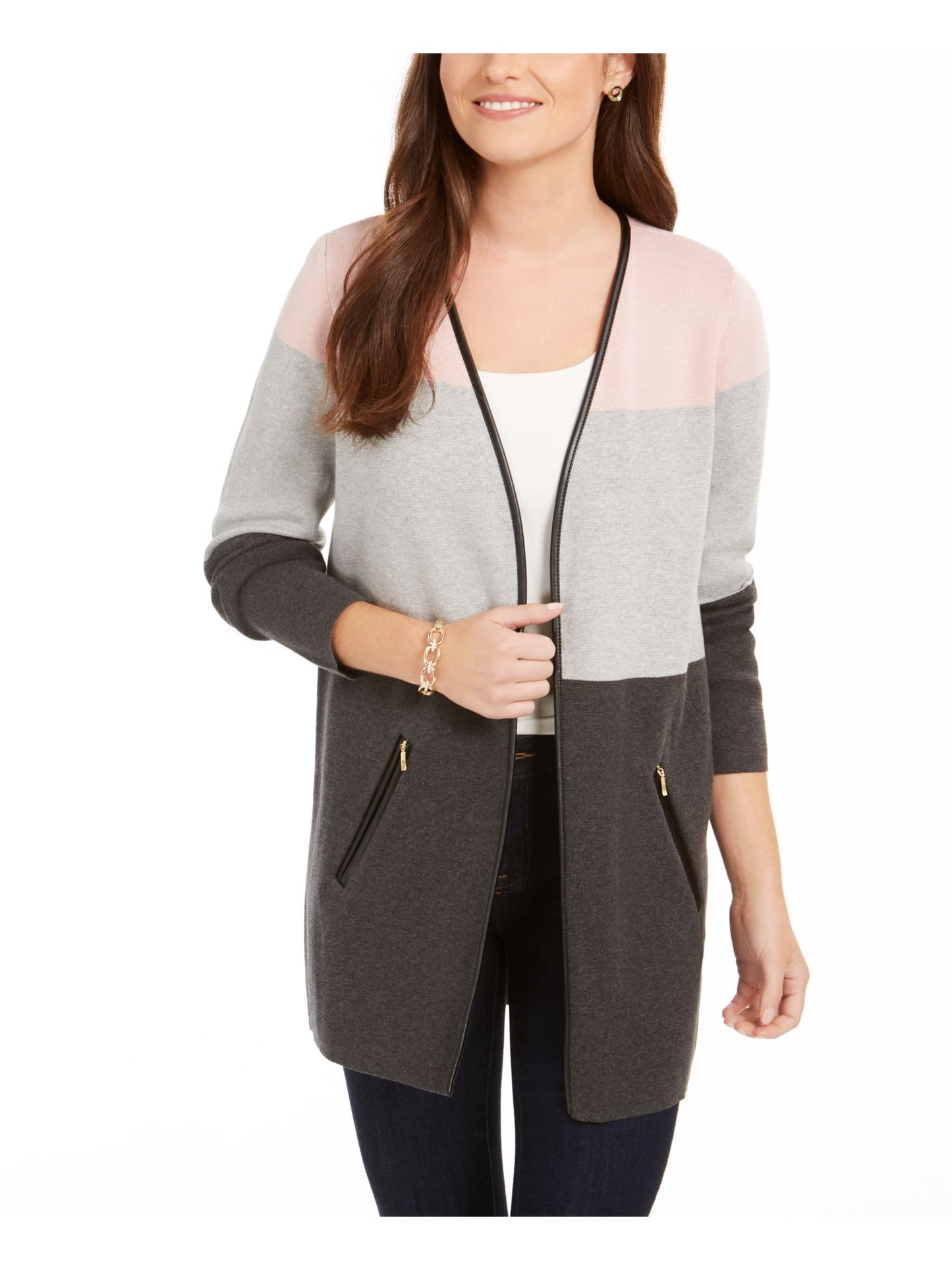 Cardigan feminino com estampa de bloco de cores e manga comprida aberta, camiseta cinza, tamanho pequeno e pequeno