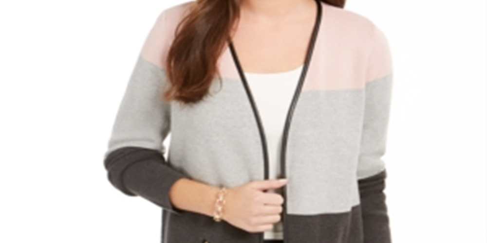 Cardigan feminino com estampa de bloco de cores e manga comprida aberta, camiseta cinza, tamanho pequeno e pequeno