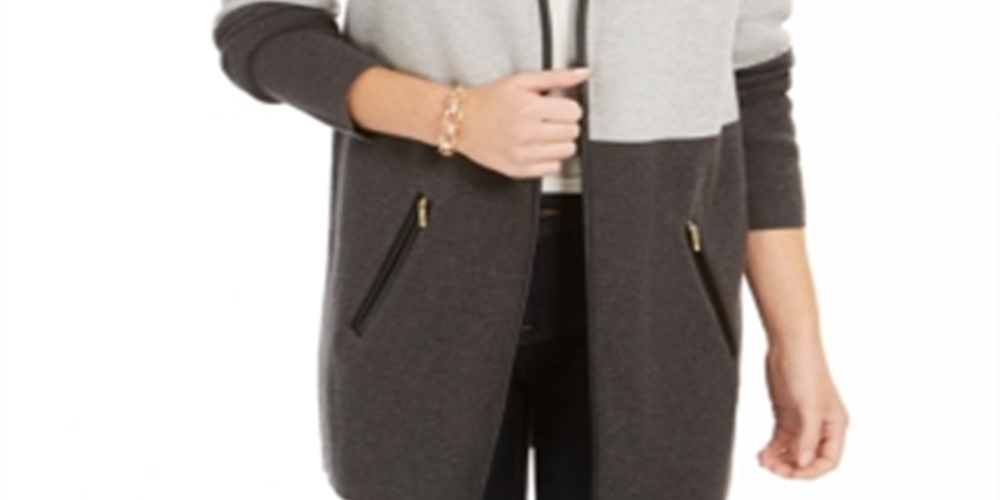 Cardigan feminino com estampa de bloco de cores e manga comprida aberta, camiseta cinza, tamanho pequeno e pequeno