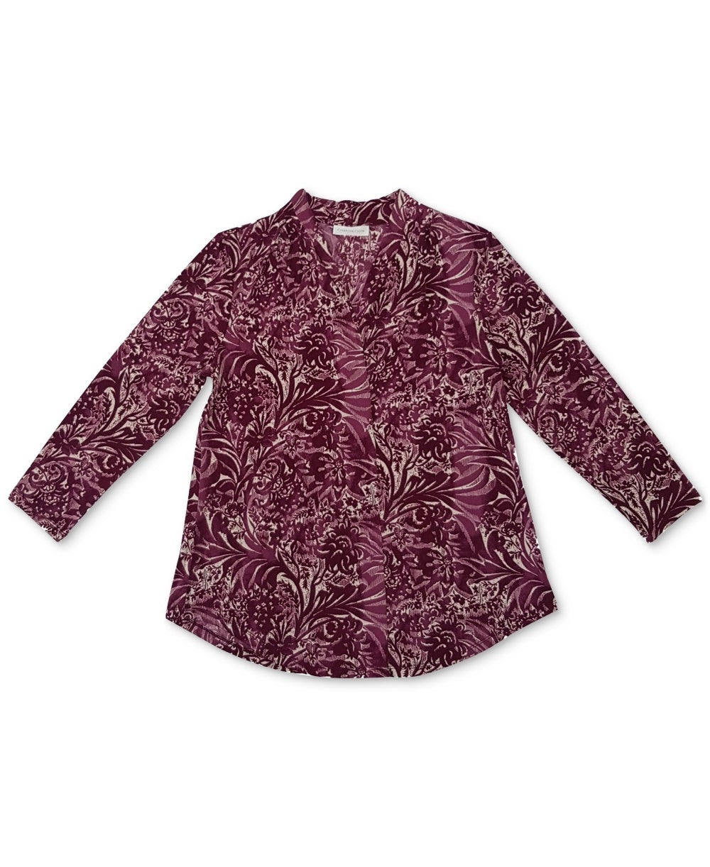 Charter Club Blusa feminina estampada com decote em V e manga três quartos, roxa, tamanho pequeno