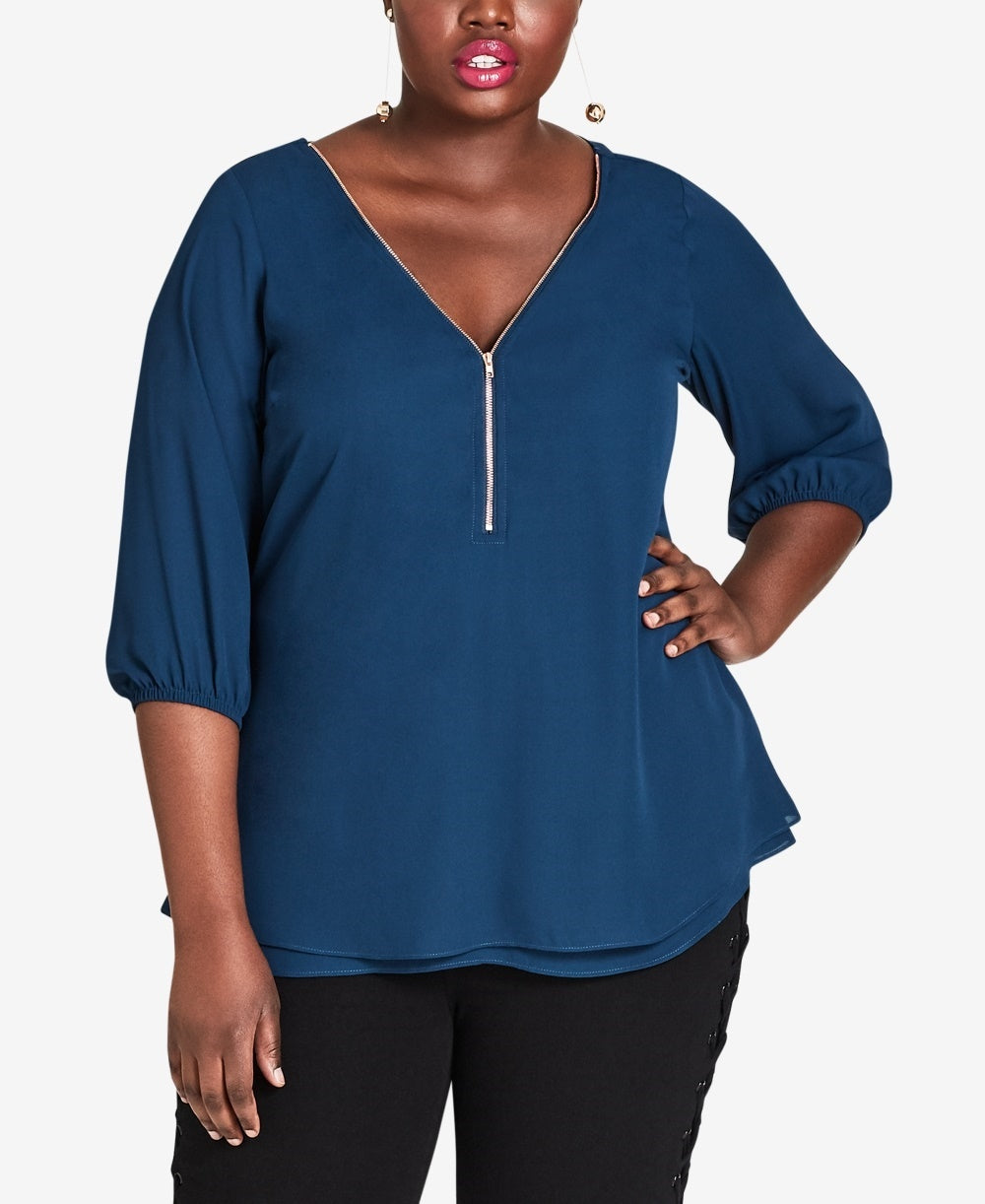 Top feminino City Chic Plus Sexy Fling com zíper frontal, azul, tamanho 20W