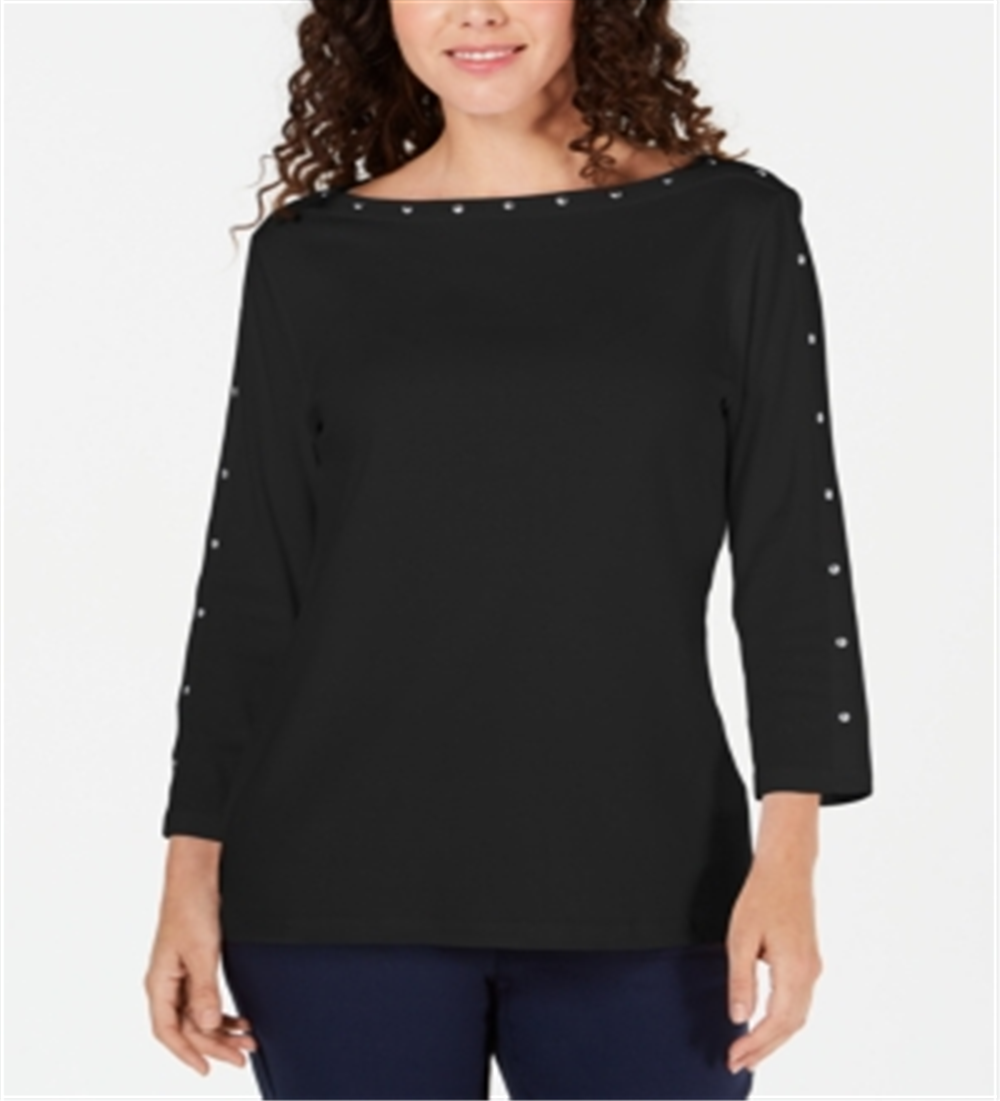 Karen Scott Blusa feminina de algodão com decote canoa e tachas, preta, tamanho pequeno P