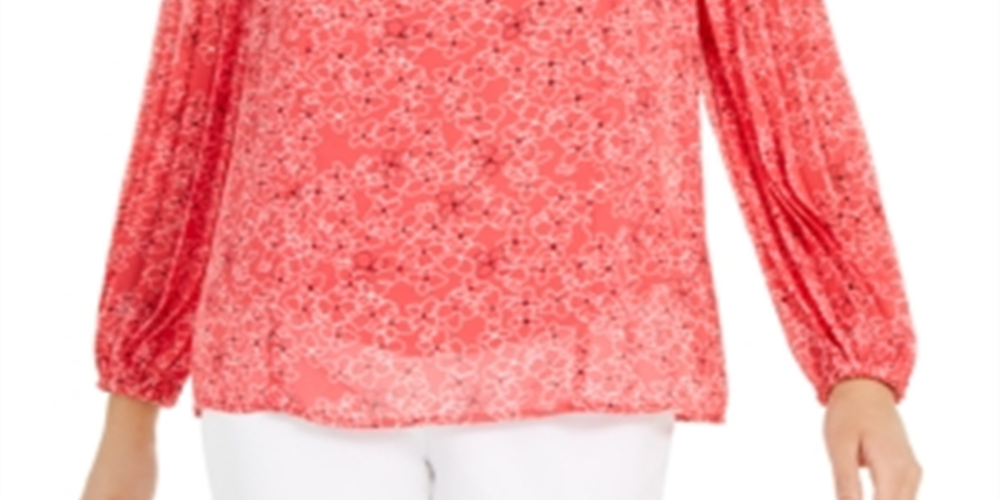 Blusa feminina Alfani coral transparente com forro floral, manga comprida, decote redondo, para usar no trabalho, tamanho pequeno grande