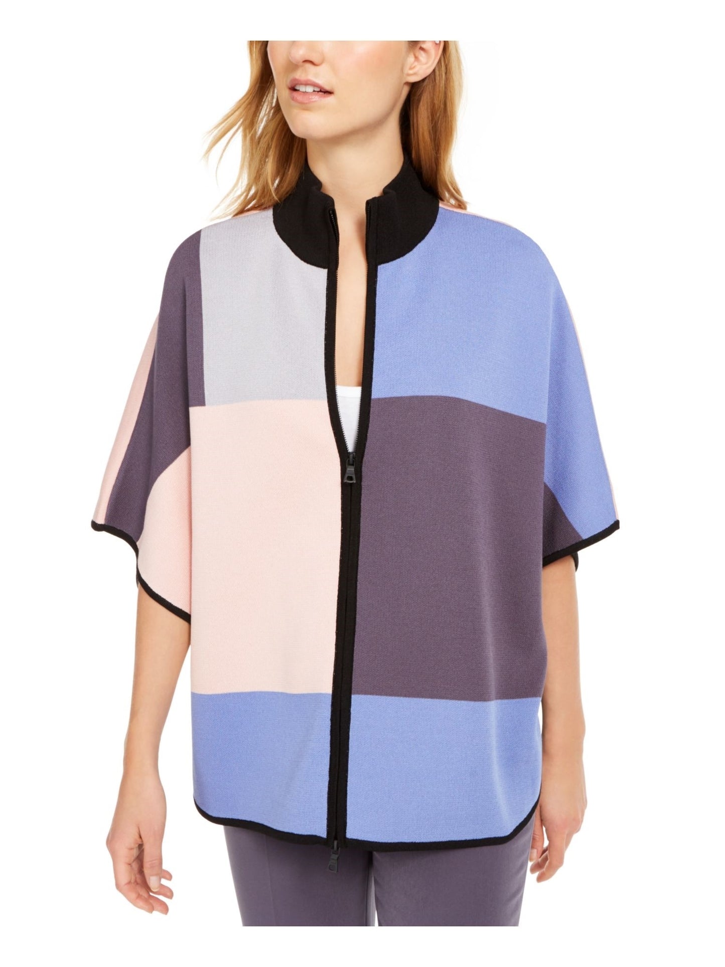 Blusa quimono feminina Anne Klein cinza com blocos de cores e manga curta, gola redonda, tamanho grande, carvão
