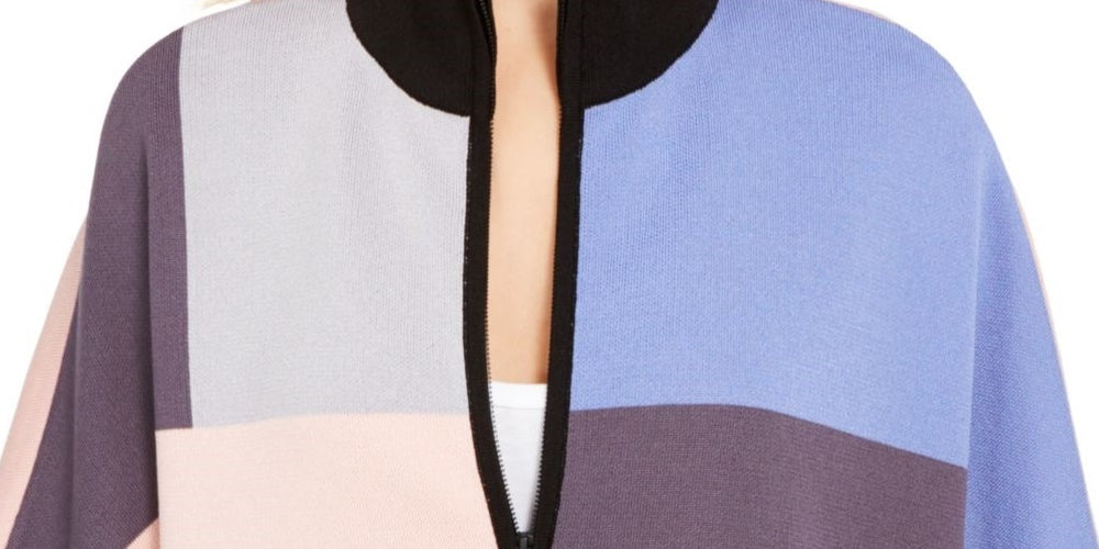 Blusa quimono feminina Anne Klein cinza com blocos de cores e manga curta, gola redonda, tamanho grande, carvão