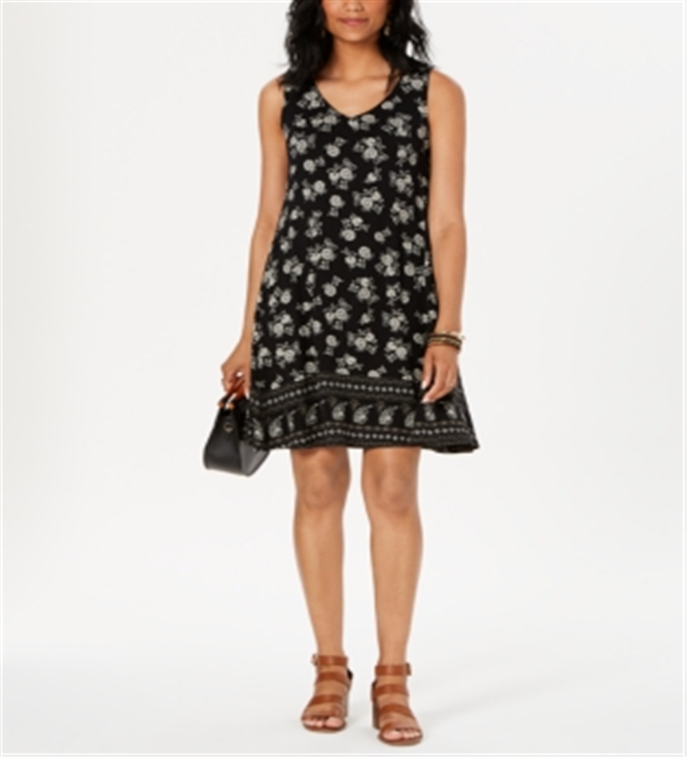Vestido rodado sem mangas com estampa floral feminino Style &amp; Co, preto, tamanho pequeno G