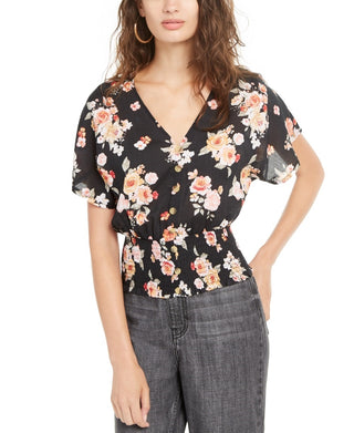 Planet Gold Junior's ' Blusa com estampa floral franzida preta tamanho grande