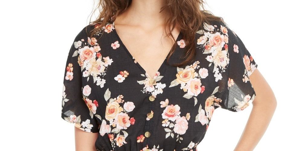 Planet Gold Junior's ' Blusa com estampa floral franzida preta tamanho grande