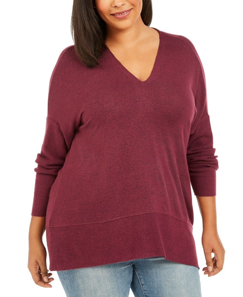 Suéter feminino canelado com decote em V, tamanho 2X, vermelho, estilo &amp; co