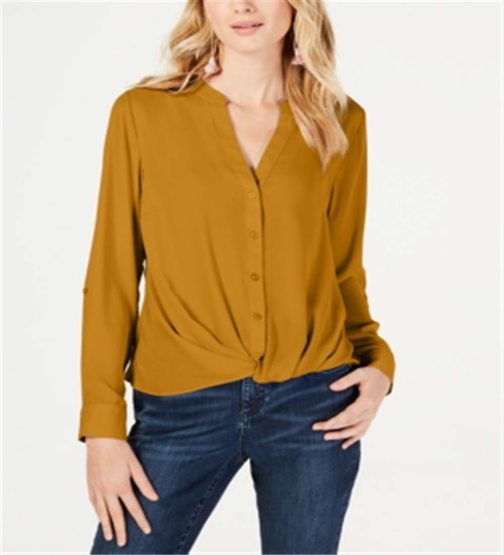 INC International Concepts Top Feminino com Botões Frontais e Torcidos India Gold Tamanho Pequeno G