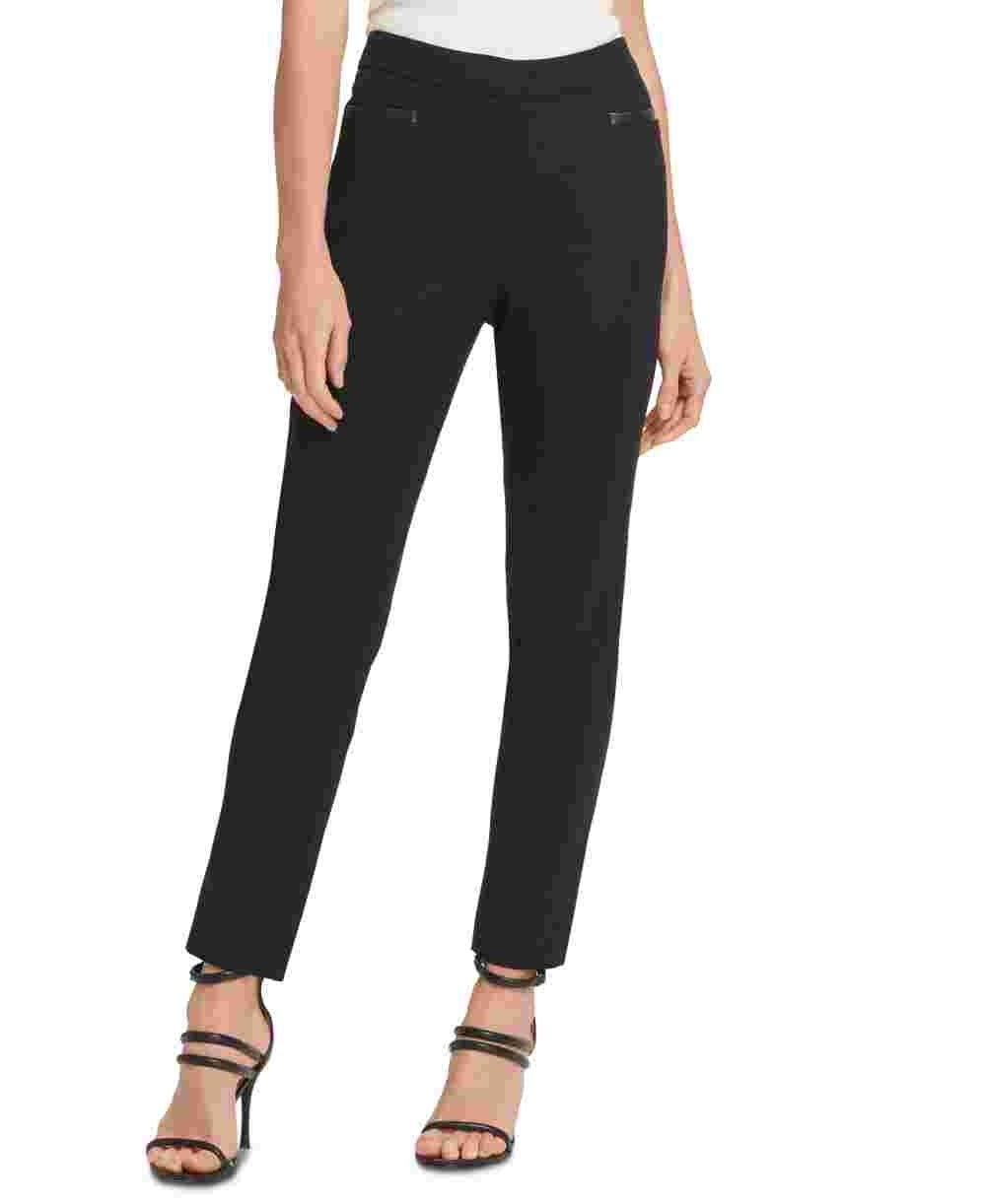 Calça feminina DKNY com acabamento em couro sintético e perna reta, preta, tamanho 6