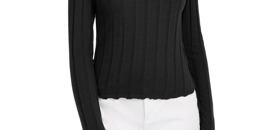 Blusa feminina com gola falsa canelada Kit &amp; Sky, preta, tamanho grande