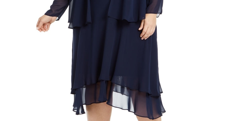 Vestido e jaqueta SL Fashions femininos com detalhes em azul, tamanho 24W