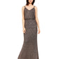 Vestido de festa longo Calvin Klein feminino com alças finas e glitter, decote em V, preto, tamanho 10