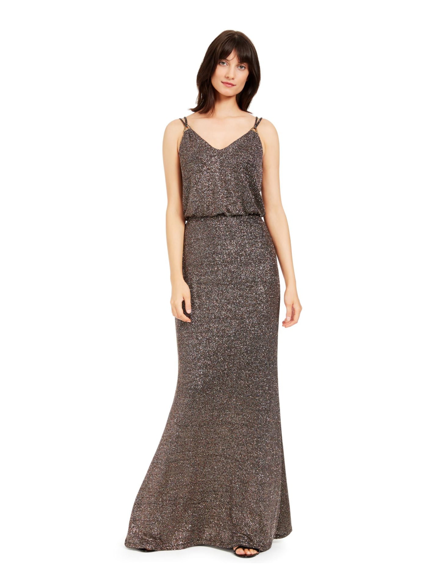 Vestido de festa longo Calvin Klein feminino com alças finas e glitter, decote em V, preto, tamanho 10