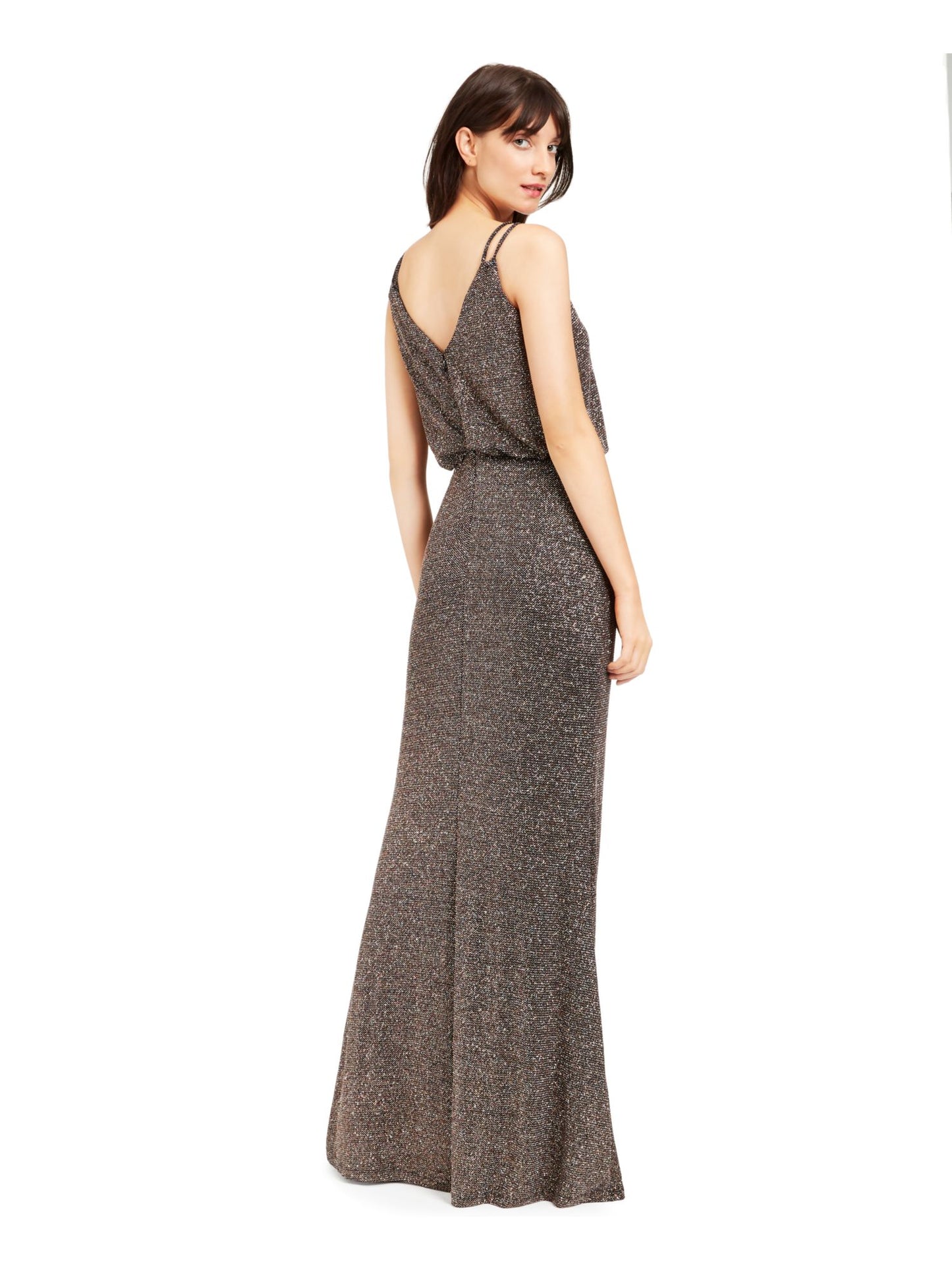 Vestido de festa longo Calvin Klein feminino com alças finas e glitter, decote em V, preto, tamanho 10