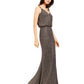 Vestido de festa longo Calvin Klein feminino com alças finas e glitter, decote em V, preto, tamanho 10