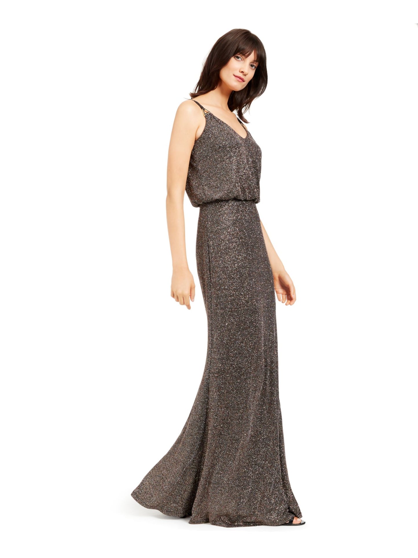 Vestido de festa longo Calvin Klein feminino com alças finas e glitter, decote em V, preto, tamanho 10