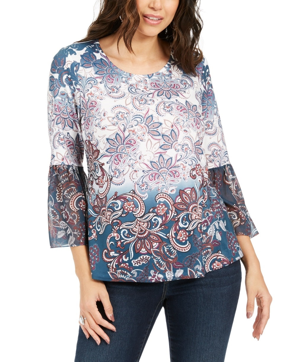 Blusa feminina estampada com manga sino Style &amp; Co, azul, tamanho médio