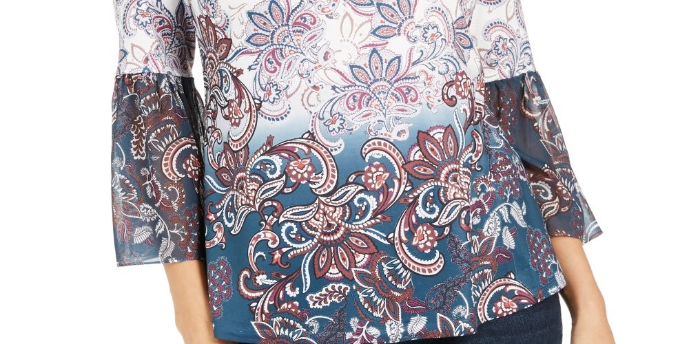 Blusa feminina estampada com manga sino Style &amp; Co, azul, tamanho médio