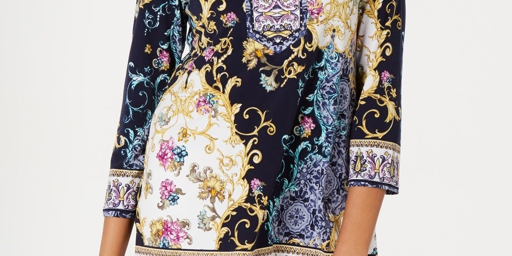 Túnica estampada feminina JM Collection azul tamanho pequeno pequeno