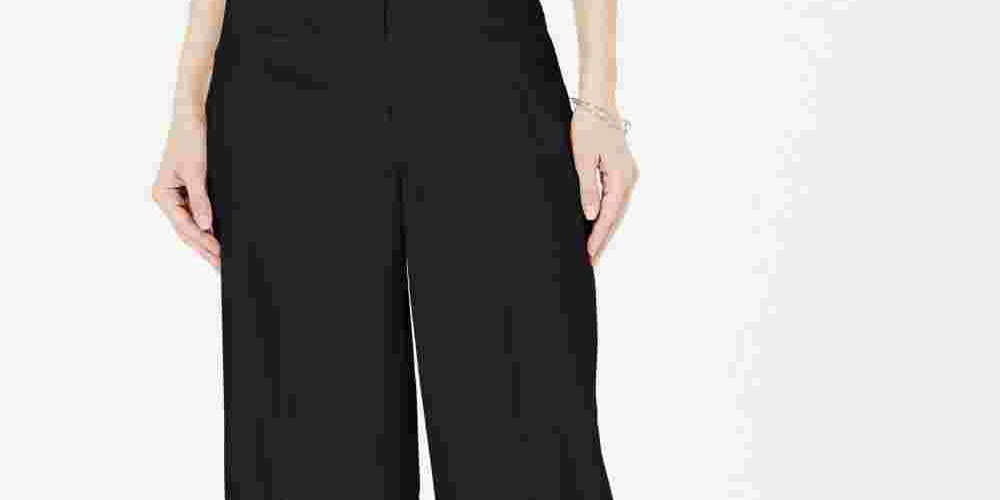Calça de linho feminina Alfani, perna larga, preta, tamanho 2, pequena