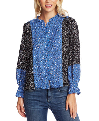 CeCe Women's Budding Floral Colorblock Long Sleeve Top Blue Size Large