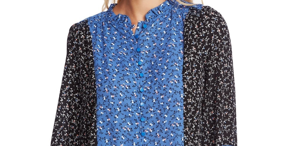 Blusa feminina CeCe com estampa floral e manga comprida, azul, tamanho grande