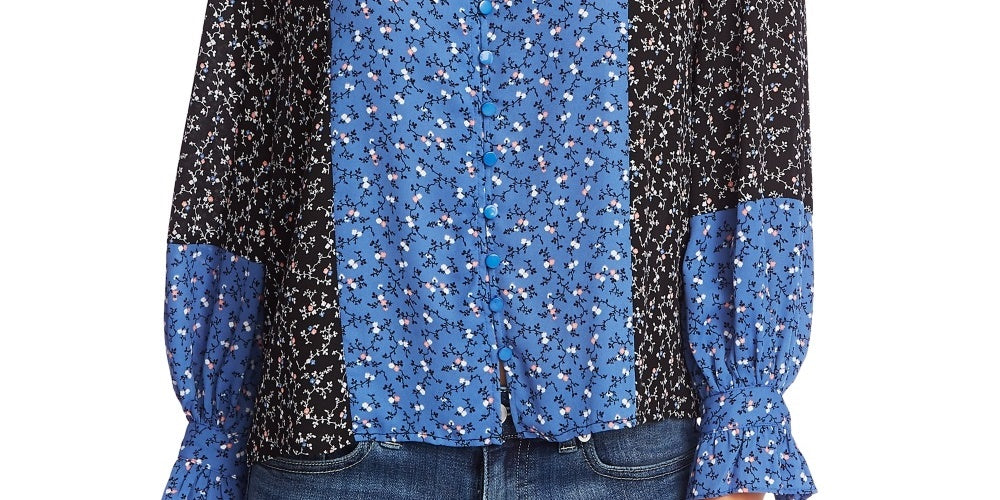 Blusa feminina CeCe com estampa floral e manga comprida, azul, tamanho grande