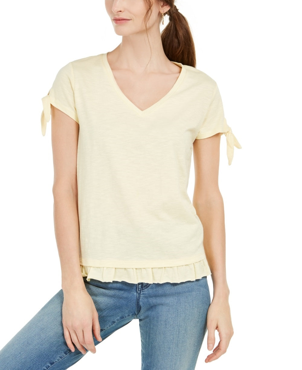 Blusa feminina com mangas amarradas e babados, tamanho X-S