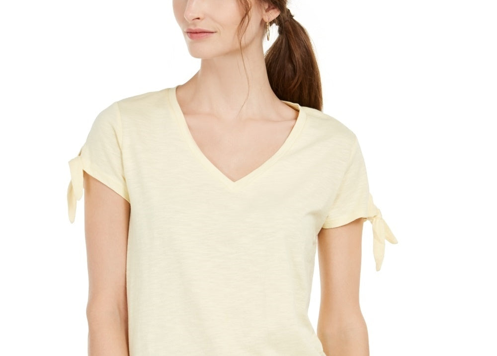 Blusa feminina com mangas amarradas e babados, tamanho X-S