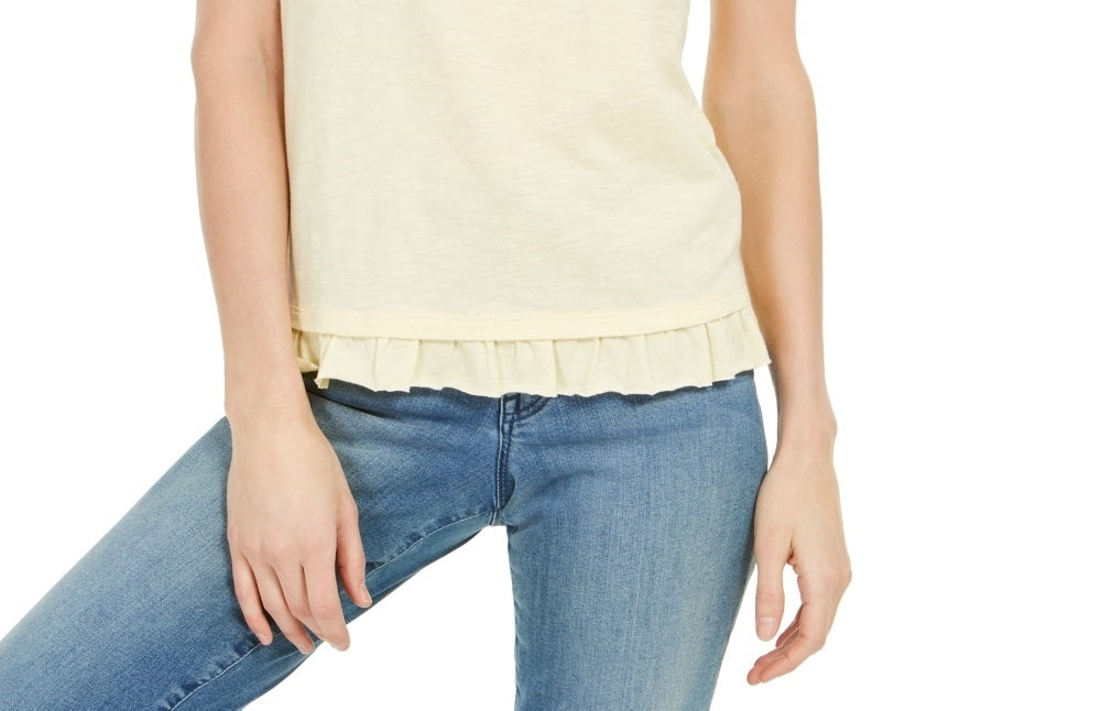 Blusa feminina com mangas amarradas e babados, tamanho X-S