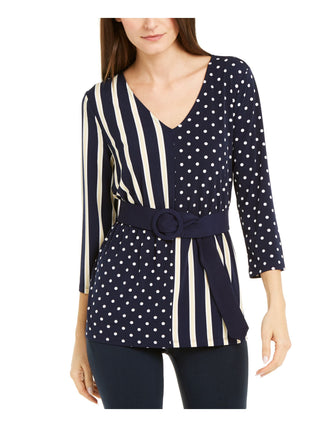 Blusa feminina Alfani com estampa de bolinhas e manga 3/4, azul, tamanho pequeno e festa