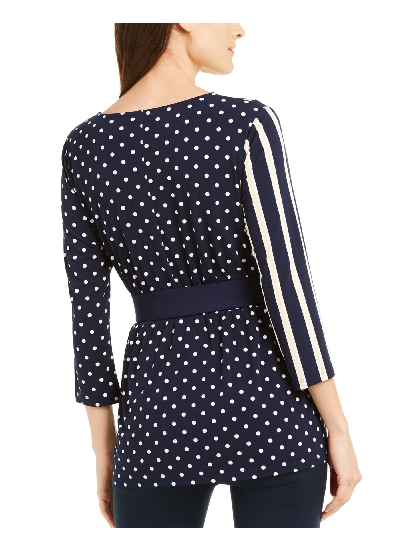 Blusa feminina Alfani com estampa de bolinhas e manga 3/4, azul, tamanho pequeno e festa