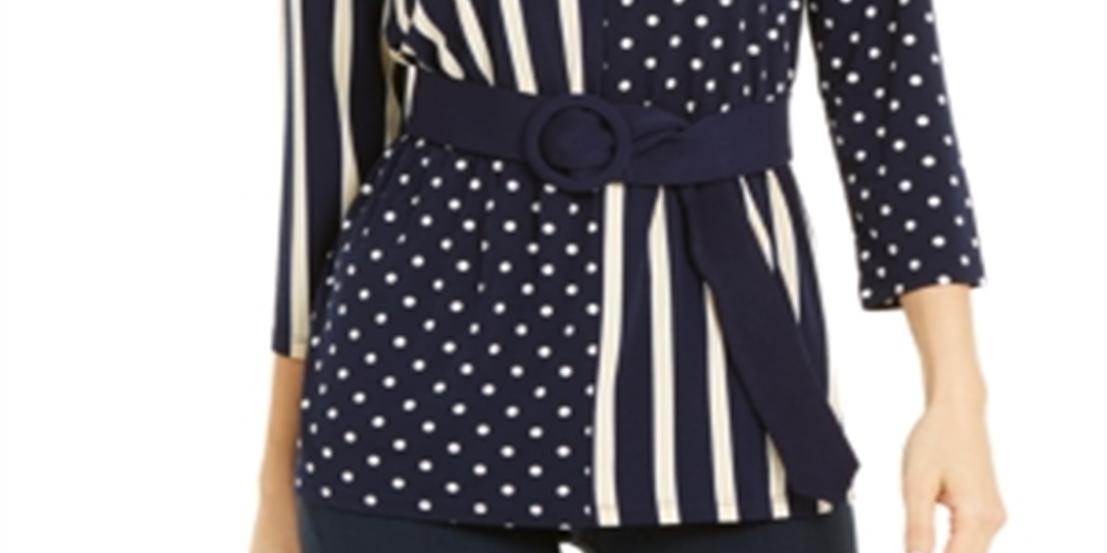 Blusa feminina Alfani com estampa de bolinhas e manga 3/4, azul, tamanho pequeno e festa