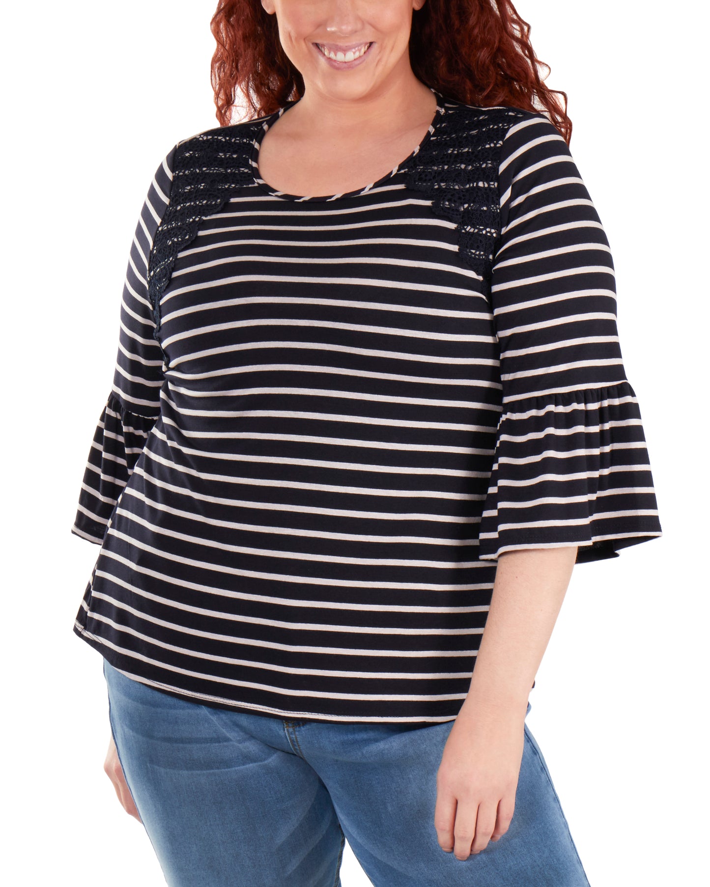 Blusa feminina NY Collection Plus com manga sino e detalhes em crochê, azul, tamanho 2X