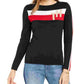 Camiseta feminina Tommy Hilfiger Color Block, manga comprida, gola V, preta, tamanho grande