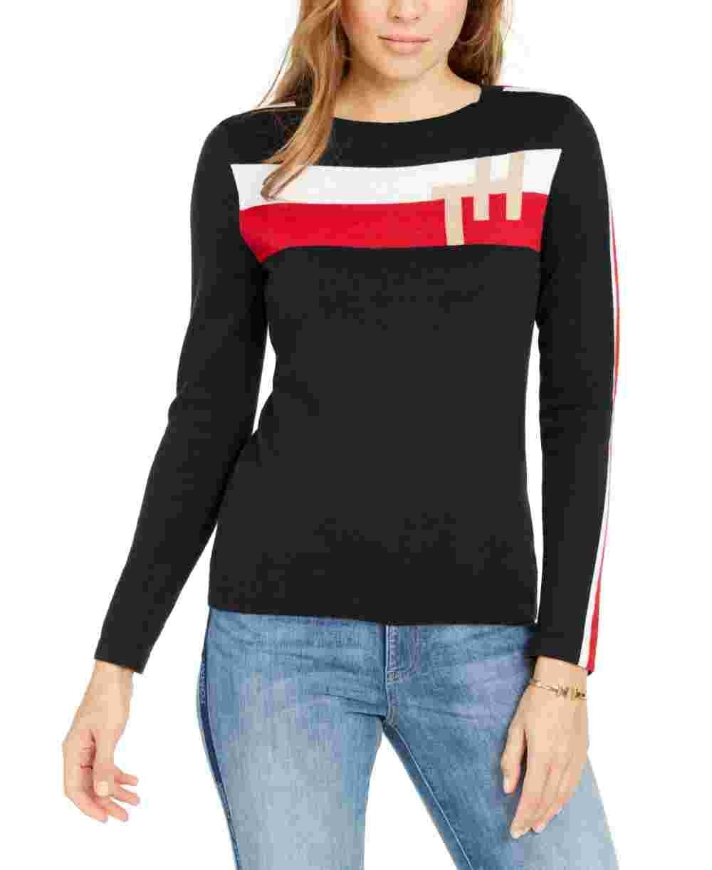 Camiseta feminina Tommy Hilfiger Color Block, manga comprida, gola V, preta, tamanho grande