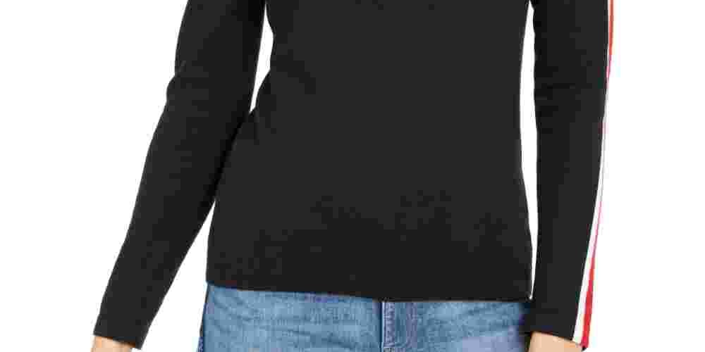 Camiseta feminina Tommy Hilfiger Color Block, manga comprida, gola V, preta, tamanho grande