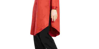 Eileen Fisher Women's Mandarin Collar Button Down Tunic Top Red Size Petite Small