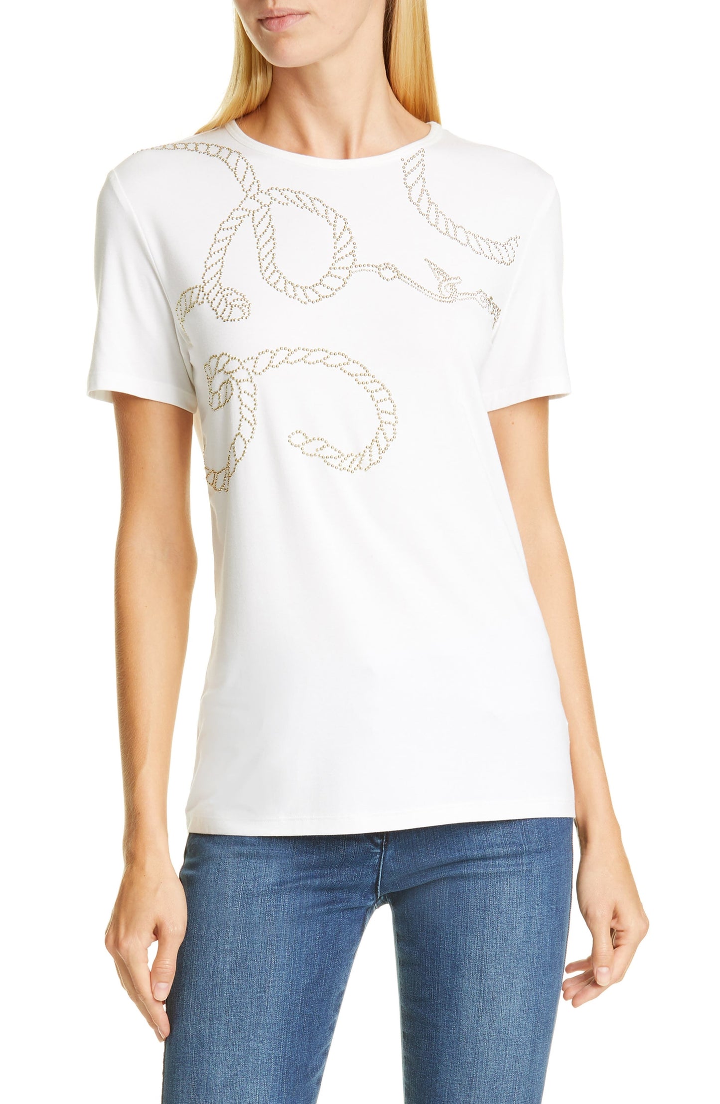Camiseta feminina St. John Collection com tachas e lavagem suave, tamanho branco, tamanho pequeno