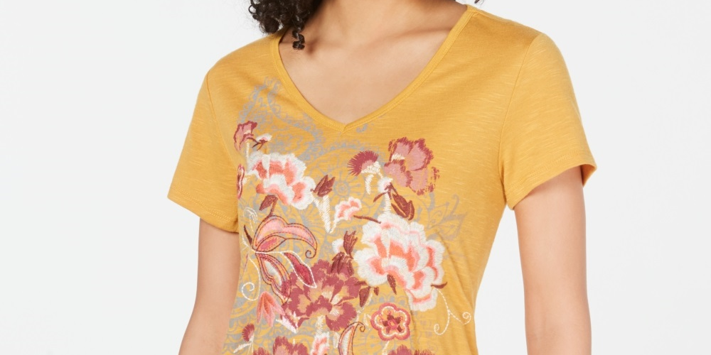Blusa feminina com estampa floral e decote em V, amarela, tamanho extrapequeno, da Style &amp; Co