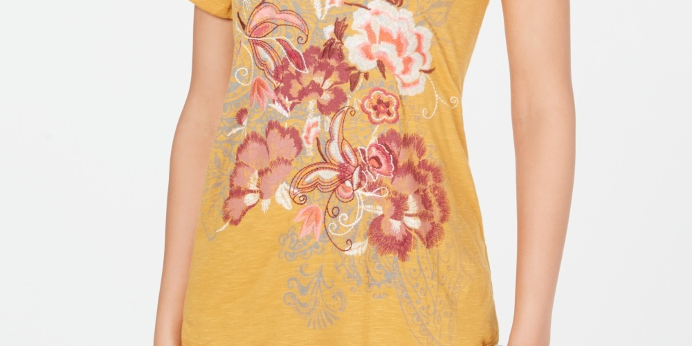 Blusa feminina com estampa floral e decote em V, amarela, tamanho extrapequeno, da Style &amp; Co
