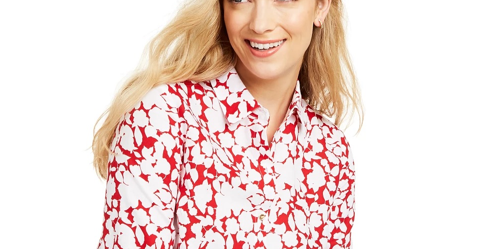 Blusa feminina Charter Club estampada com mangas enroladas em mistura de linho, vermelha, tamanho médio